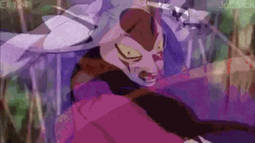 a close up of a cartoon character with a purple background and a purple sword .