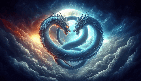 two dragons are wrapped around each other in a cloudy sky