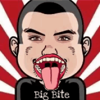 a cartoon of a man with his tongue sticking out and the words big bite written on the bottom
