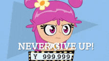 a cartoon character is screaming with the words " never give up " above her