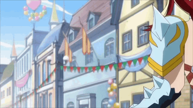 a cartoon character is standing in front of a row of buildings with flags hanging from them