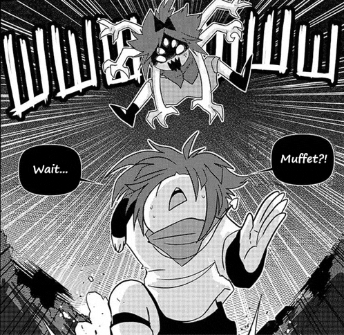 a black and white drawing of a person talking to a monster and the words wait and muppet are visible