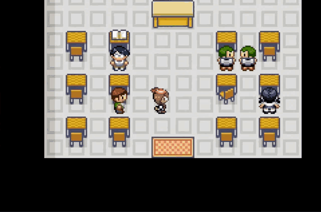 a video game shows a group of children sitting at desks in a classroom