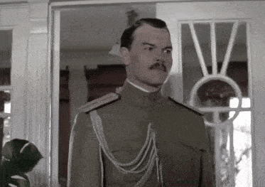 a man in a military uniform stands in front of a window