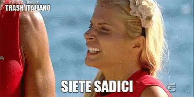 a woman in a red shirt is laughing and says siete sadici