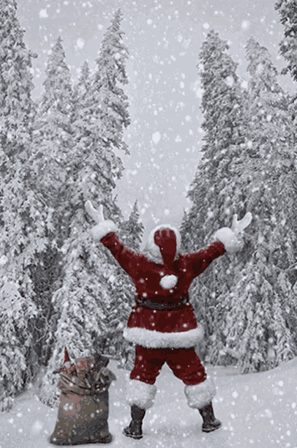 santa claus is standing in the snow with his arms outstretched and a bag of presents