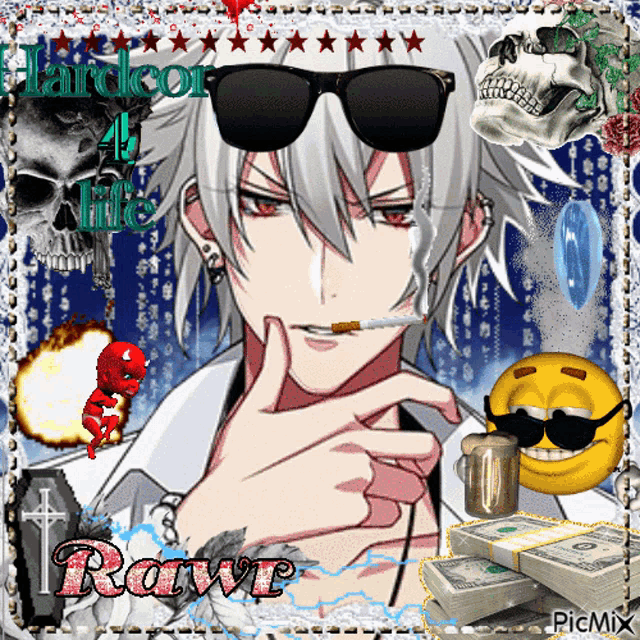 a picture of a man wearing sunglasses and smoking a cigarette with the name rawr on the bottom right