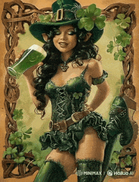 a painting of a woman in a leprechaun costume holding a glass of beer