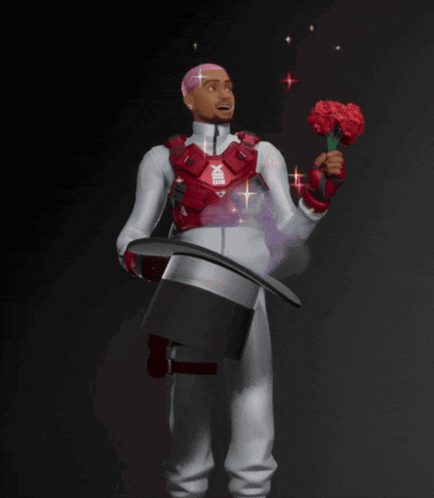 a man holding a bouquet of red roses and a top hat with xiii on it