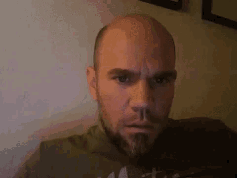 a bald man with a beard is looking at the camera with a serious look on his face .