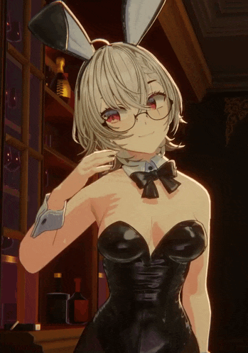 a girl with bunny ears and glasses is wearing a black bunny outfit