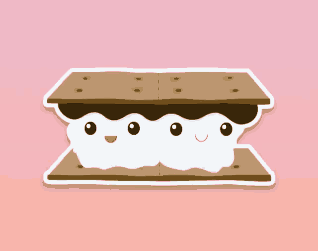 a sticker of a s'mores sandwich with marshmallows and chocolate on a pink background