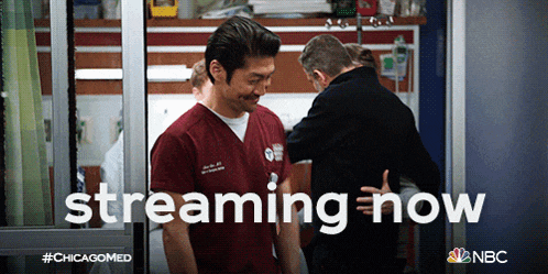 a poster for chicago med shows a man talking to another man in a hospital room