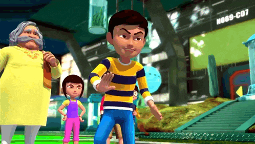 a group of cartoon characters are standing in front of a building with the number n089-c07 on it