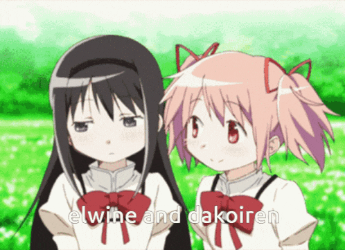 two anime girls are standing next to each other and the words elwine and dakoiren are on the screen