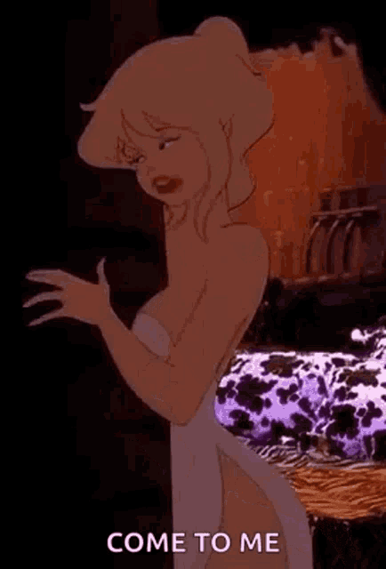 a cartoon woman in a white dress is standing in front of a bed with a cow print blanket .