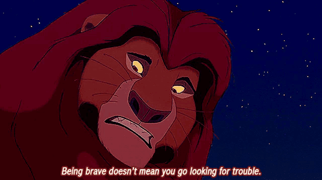 a lion from the movie the lion king says being brave does n't mean you go looking for trouble