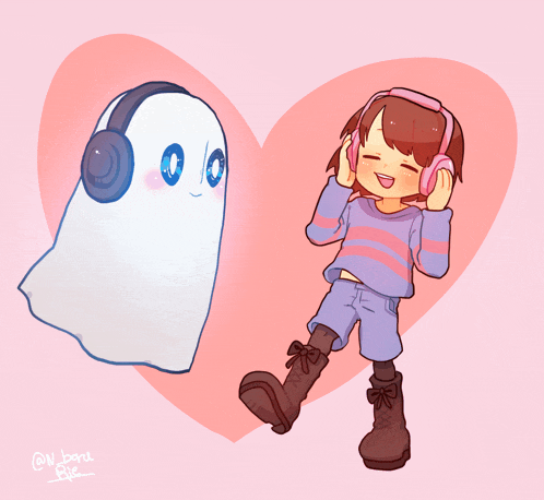 a drawing of a girl wearing headphones and a ghost wearing headphones