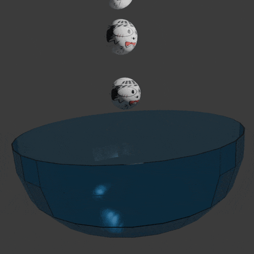 a bunch of balls with faces on them falling into a bowl of water