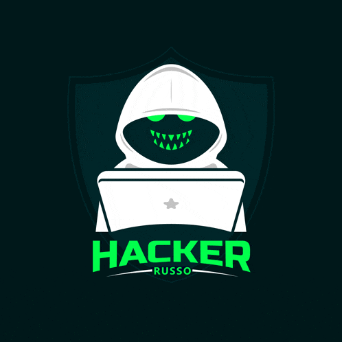 a logo for hacker russo shows a hooded figure behind a laptop