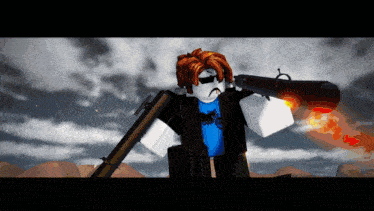 a roblox character holding a flamethrower and a rocket launcher