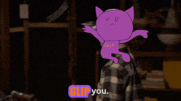 a man in a plaid shirt is talking to a purple cat that says clip you on it