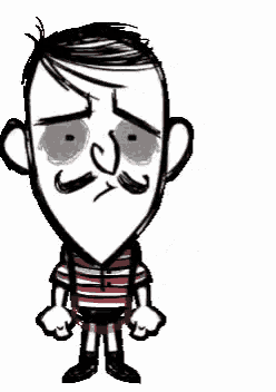 a cartoon of a man with a mustache and a striped shirt is standing on a white background .