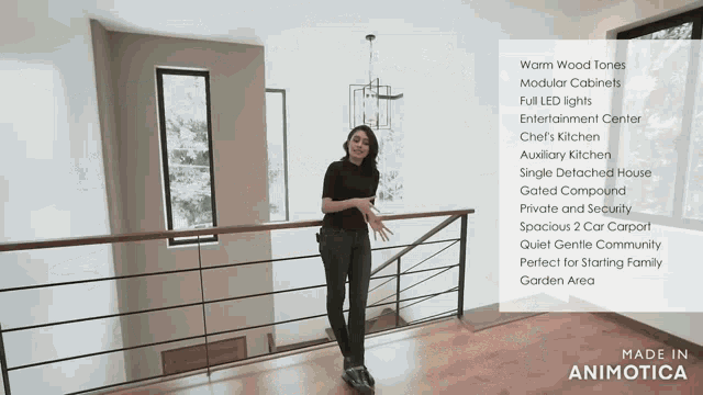 a woman is standing on a balcony with a list of features including warm wood tones modular cabinets and full led lights