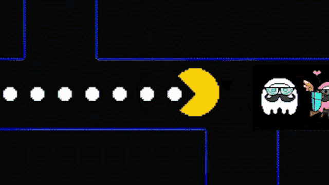 a pixel art of a pac man game with two ghosts
