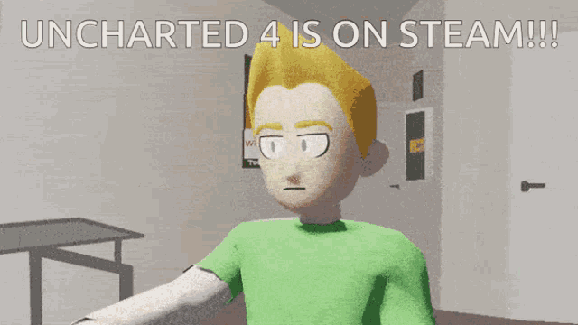 uncharted 4 is on steam with a cartoon character flexing his muscles