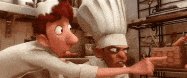 a cartoon chef is pointing at something while another chef looks on