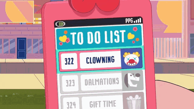 a pink cell phone displays a to do list including clowning and dalmations