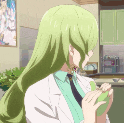 a girl with long green hair is holding a green apple