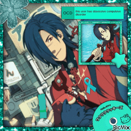 a picture of a man with blue hair and a hello kitty cd says ocd this user has obsessive compulsive disorder