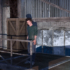 a man in a green sweater is standing on a dock