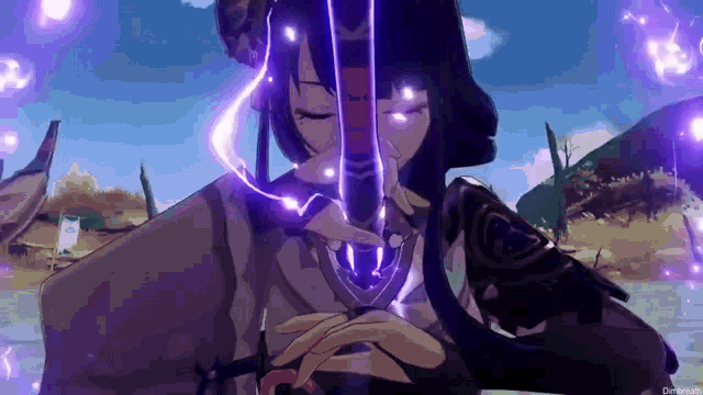 a cartoon character is holding a sword with purple lights coming out of it