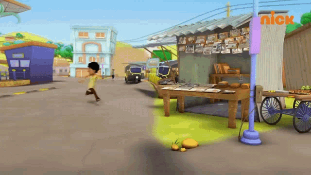 a cartoon scene from nick shows a boy running