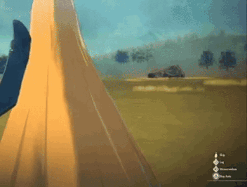 a screenshot of a video game shows a woman in a yellow dress standing in a field