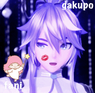 a picture of a girl with purple hair and a little twin stars angel behind her