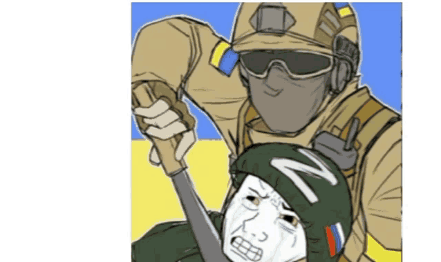 a drawing of a soldier holding a knife over another soldier 's head