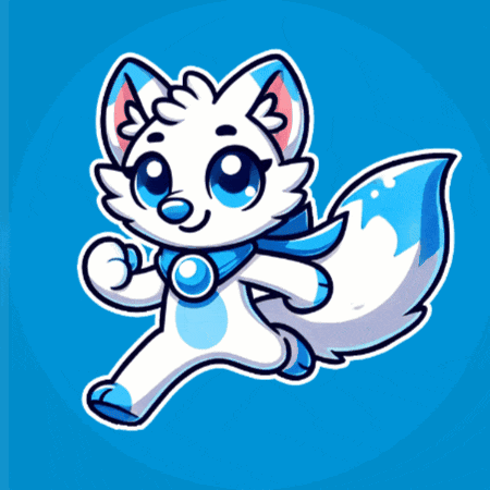 a cartoon drawing of a white fox with blue eyes and a blue scarf around its neck