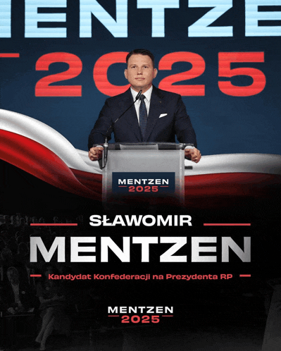 a man in a suit and tie stands at a podium in front of a banner that says mentzen 2025