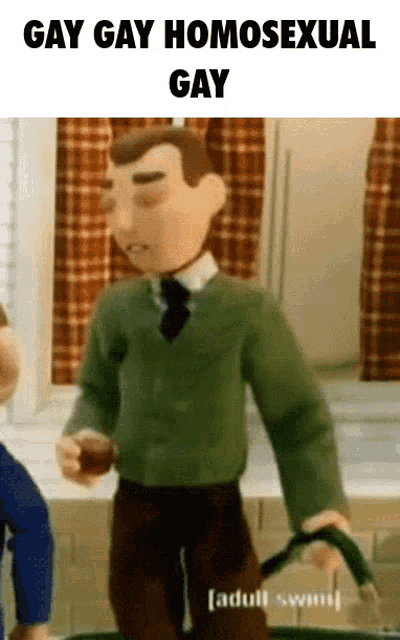 a cartoon character is standing in front of a window with the words `` gay gay homosexual gay '' written above him .