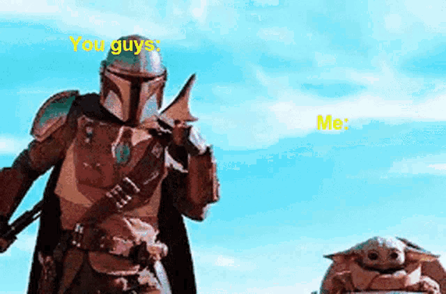a man in a helmet stands next to a baby and says you guys me