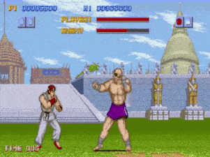 a video game screen shows a player 1 and enemy 1