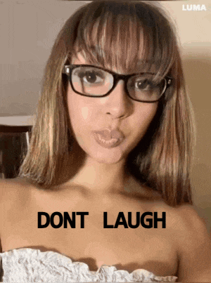 a woman wearing glasses is making a funny face with the words do n't laugh behind her