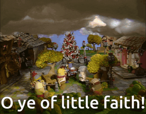 a cartoon scene with the words o ye of little faith at the top