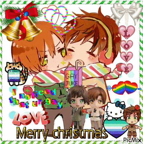 a merry christmas greeting card with two boys kissing and a bottle of gay juice