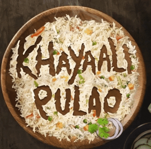 a bowl of rice with the words khayaali pulao written on top
