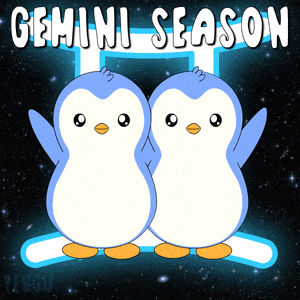 two penguins are standing next to each other with the words gemini season written above them